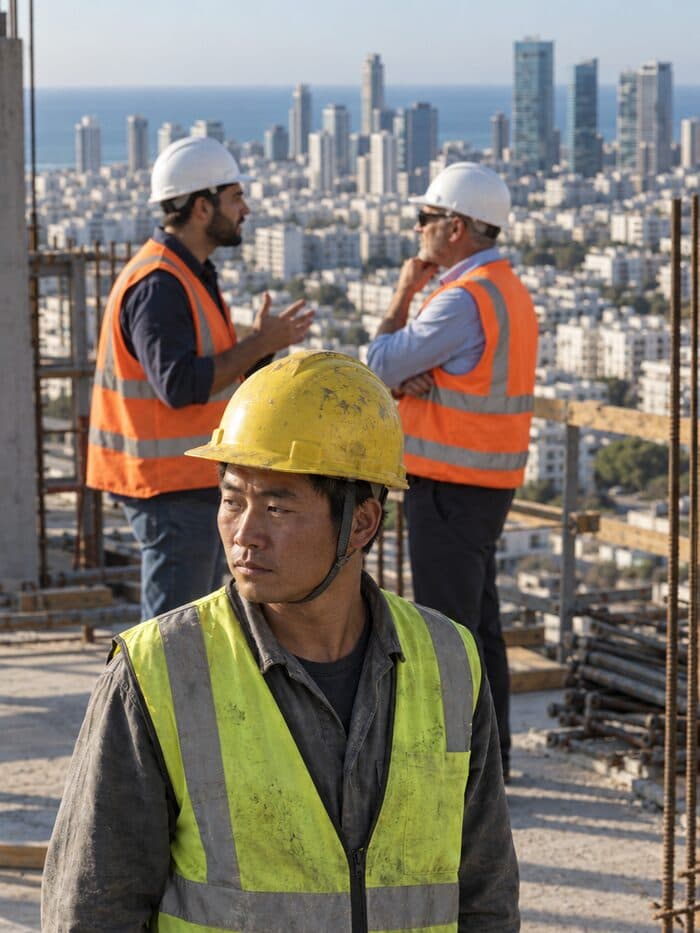 עובד סיני בצהוב בחזית, חד ומואר, ומאחוריו שני מנהלים בכתום מדברים ביניהם מחוץ למיקוד
