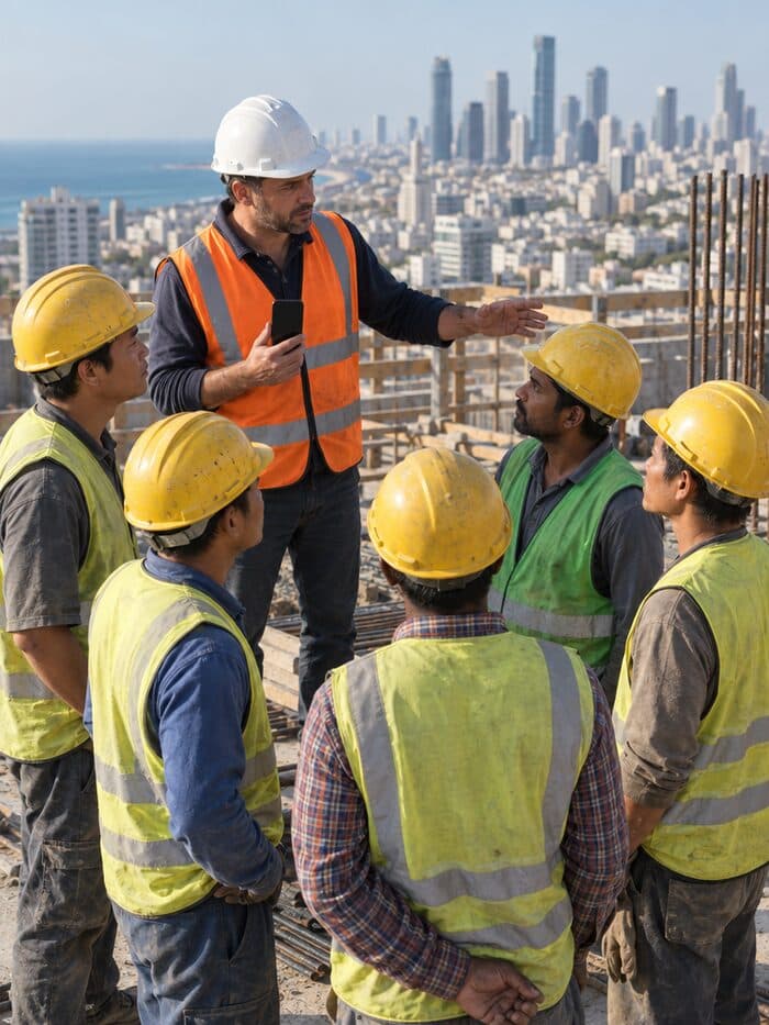 מנהל בכתום למעלה בפריים עם הטלפון, ומתחתיו חמישה עובדים בצהוב בחצי מעגל, אחד מהם ראש צוות בווסט ירוק