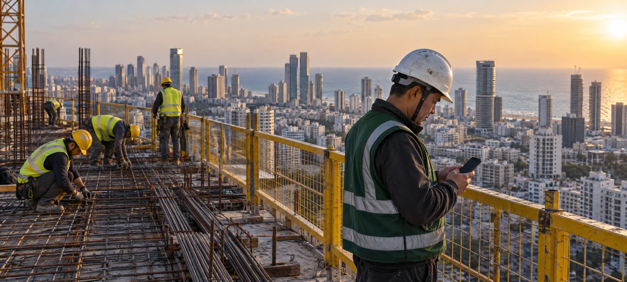 ראש צוות בווסט ירוק קורא הודעה בטלפון ליד מעקה בקומה גבוהה; מאחוריו הצוות בצהוב קושר ברזל. קו הרקיע של תל אביב